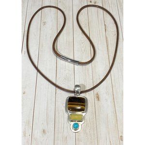 SJ 925 Tigers’s Eye, Citrine, Turquoise Pendant Leather Sterling Cord Necklace